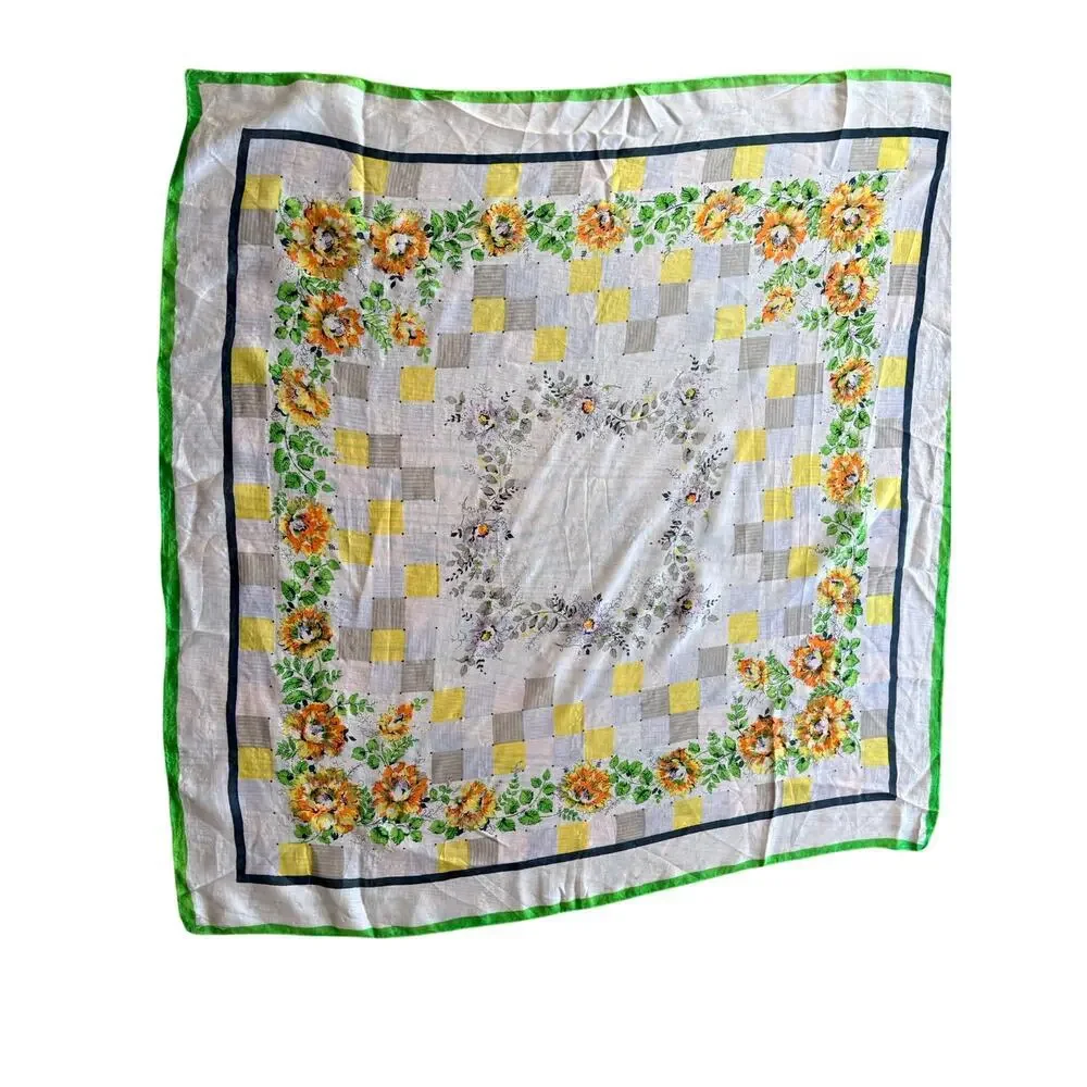 Vintage 100% Silk Floral Scarf Green Border Square 31” Cottagecore
